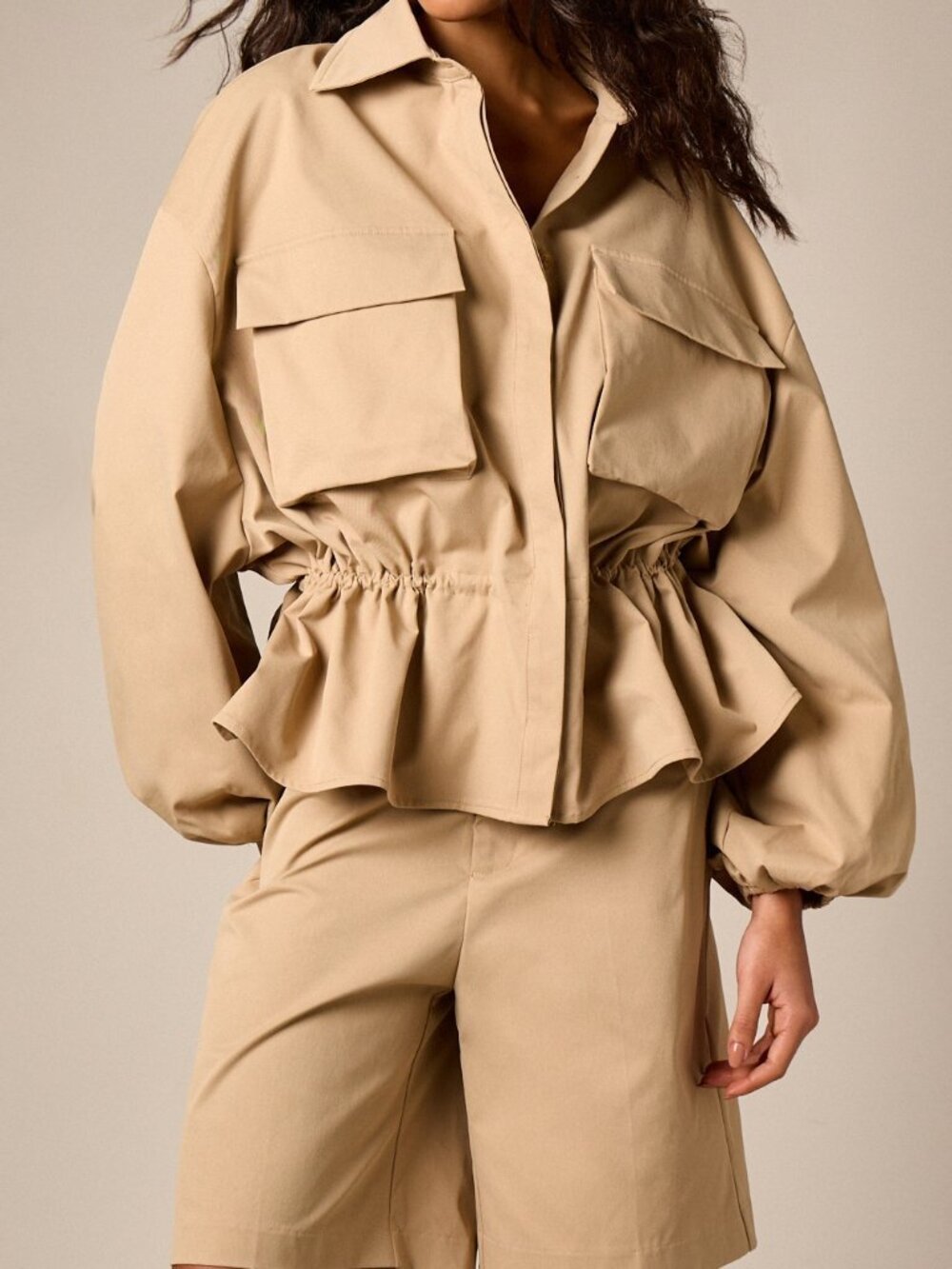 Khaki Casual Women's Oversized Collared Button Front Shacket